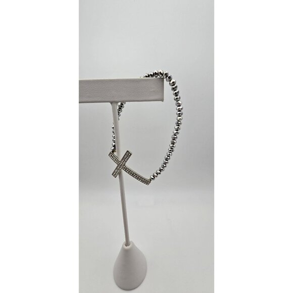 Women's Dark Silver Tone Rhinestone Cross Pendant Wrap Style Stretchy Bracelet - Picture 5 of 5